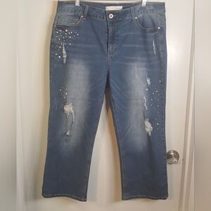 Like New! Cato Distressed & Embellished Cropped Stretch Blue Denim Jeans 16